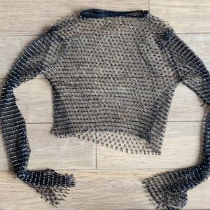 Rhinestone mesh long sleeve top